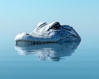 Close-up view of an alligator head floating in calm blue water with mirror reflection, creating dramatic wildlife composition against serene aquatic background.