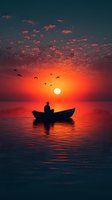 Silhouette of lone person in rowing boat against dramatic orange sunset sky with flying birds over calm water surface, creating peaceful seascape atmosphere.