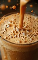 Fresh coffee pouring into glass cup creating frothy bubbles and foam, macro close-up showing rich caramel color and texture for food beverage advertising.