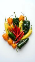 Colorful assortment of fresh hot peppers including red chili, yellow banana, orange habanero and green poblano varieties isolated on white background.