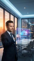 Professional businessman interacting with holographic cloud computing interface in modern office boardroom with city skyline view at sunset.