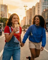 Two young diverse women friends holding hands walking through urban city street at golden hour sunset enjoying ice cream together in casual summer clothing.