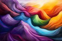 Vibrant flowing waves of multicolored paint strokes create dynamic abstract pattern with smooth transitions between purple, blue, green, red, orange and yellow hues. Artistic background.