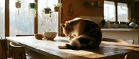 Tabby cat sleeping peacefully on wooden dining table in cozy sunlit kitchen with hanging plants and warm natural lighting for home decor concepts.