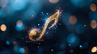 Glowing golden musical note with sparkling particles floating on dark blue bokeh background, creating magical atmosphere for music and entertainment designs.