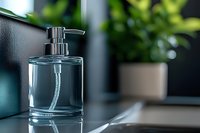 Clear glass soap dispenser with chrome pump on bathroom counter against blurred green plant background, modern minimalist bathroom decor with soft natural lighting.