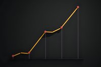 Minimalist business growth chart showing upward trend with golden line and red dots on dark background, representing financial success and progress.