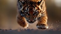 Young tiger cub running and pouncing in dramatic lighting, close-up view showing intense eyes and facial expression against blurred natural background.
