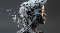 Side profile of Asian woman dissolving into scattered metallic fragments against dark background, representing transformation, artificial intelligence and digital decay.
