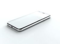 Modern smartphone with blank white screen on light background, minimalist perspective view showing sleek metallic frame and port details. Isolated mockup for design.