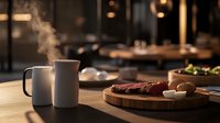 Grilled steak on wooden board with steaming coffee mug in moody restaurant setting. Atmospheric food photography with warm lighting and bokeh background.