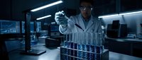 Male scientist in white lab coat conducting research with test tubes in modern laboratory with blue lighting for medical and pharmaceutical studies.