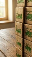 Wooden blocks with green sailing ship symbols stacked by sunny window creating warm natural light atmosphere for educational toys and maritime decor concepts.