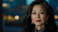 Professional Asian businesswoman with elegant jewelry against blurred city lights background at night, corporate executive portrait for business concepts.