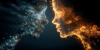 Abstract particle silhouettes of two human faces in profile, one blue and one gold, facing each other against dark background.