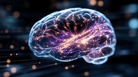 Glowing transparent brain with purple neural networks and electrical activity on dark background for medical and technology concepts.