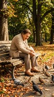 Middle-aged Caucasian man in beige suit reading newspaper on park bench surrounded by pigeons during golden autumn morning with fallen leaves and trees.