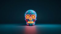 Glowing Mexican sugar skull with ornate floral patterns and neon colors on dark background, illuminated from below with dramatic lighting and soft shadows.