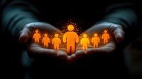 Cupped hands protecting glowing orange human figures representing teamwork, leadership, care and community support in business concept.
