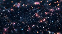 Magical starry network visualization with glowing pink and blue nodes connected by light trails against dark background, creating cosmic data pattern effect.