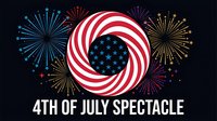 Patriotic Fourth of July celebration with swirled American flag design and colorful fireworks display on dark background for Independence Day festivities.