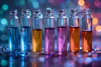 Glass vials with colorful liquid against blurred bokeh background, vibrant blue, yellow, pink and orange reflections create magical laboratory atmosphere.