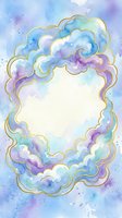 Watercolor cloud frame with gold outline in blue and purple tones, empty center space for text or design elements on white background.