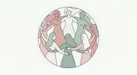 Diverse group of people holding hands in circle representing unity, teamwork and community support in minimalist line art style on beige background.