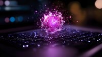Glowing purple network sphere floating above laptop keyboard with sparkles and bokeh effects in dark environment, representing artificial intelligence and digital technology.