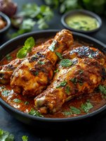 Grilled chicken drumsticks in spicy tomato sauce with fresh herbs served in cast iron skillet for dinner preparation and cooking concepts.