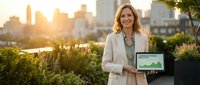Professional businesswoman presenting financial data on laptop outdoors with city skyline at sunset for corporate presentations and business success concepts.