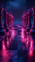 Chess pieces on reflective checkered board illuminated by neon pink and blue lights creating dramatic atmosphere with glowing effects and deep shadows.