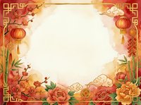 Traditional red and gold ornamental frame with lanterns, peonies, and floral elements on cream background. Isolated design ready for invitations, greeting cards, and festive projects.