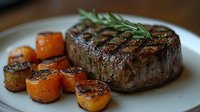 Grilled beef tenderloin steak with caramelized roasted carrots and fresh rosemary sprig served on white plate, showcasing juicy meat texture and charred marks.