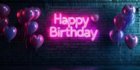 Glowing pink neon happy birthday sign on dark brick wall with purple and blue heart-shaped balloons creating festive party atmosphere for celebration design.