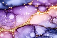 Luxurious purple and gold abstract fluid art with glitter effect and bokeh lights creates dreamy ethereal background for luxury designs and celebrations.