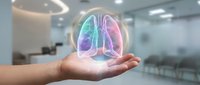 Unrecognizable person holding glowing holographic lungs in palm against blurred office background, representing respiratory health and medical innovation.