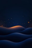 Minimalist night desert landscape with rolling sand dunes illuminated by warm glowing particles against deep blue sky, creating serene atmospheric scene.