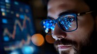 Close-up of bearded Caucasian male programmer with glasses reflecting digital code and financial charts while working late at night on market analysis.