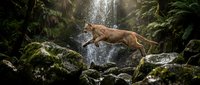Mountain lion leaping across rocky stream in lush forest with sunbeams filtering through ferns and moss-covered stones for wildlife and nature projects.