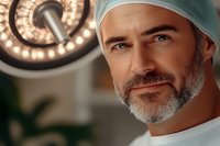 Confident mature male surgeon with gray beard wearing surgical cap in operating room with surgical light in background, professional medical portrait.