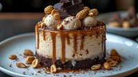 Decadent cheesecake topped with caramel drizzle, chocolate pieces, whipped cream dollops, and scattered hazelnuts on chocolate cookie base, served on blue plate.