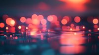 Dreamy red and blue bokeh lights reflected on wet surface creating magical atmosphere with blurred circles and sunset glow in background.