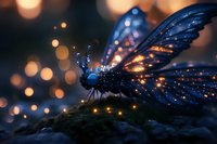 Magical glowing butterfly with sparkling blue wings rests on moss against blurred bokeh lights background, creating enchanting nature fantasy atmosphere.