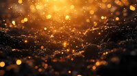 Glowing golden particles and bokeh lights floating over dark textured surface, creating warm luminous atmosphere for backgrounds, overlays, and festive design projects.