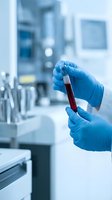 Medical laboratory technician in blue gloves holding blood sample test tube in modern clinical research facility for healthcare diagnostics and analysis.