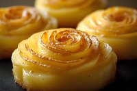 Delicate apple roses dessert made from thin sliced fruit, baked to golden perfection with caramelized edges on dark background, close up view of pastry detail.