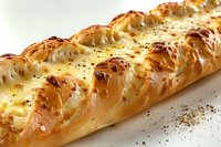 Fresh baked braided bread filled with melted cheese and herbs, golden brown crust sprinkled with seasonings, close-up view on white surface.