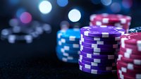 Colorful casino poker chips stacked on dark background with bokeh lights, featuring purple, red and blue gaming tokens in selective focus.