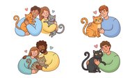 Happy pet owners cuddling with cats and dogs in colorful cartoon style. Diverse people showing love and affection to their furry companions at home.